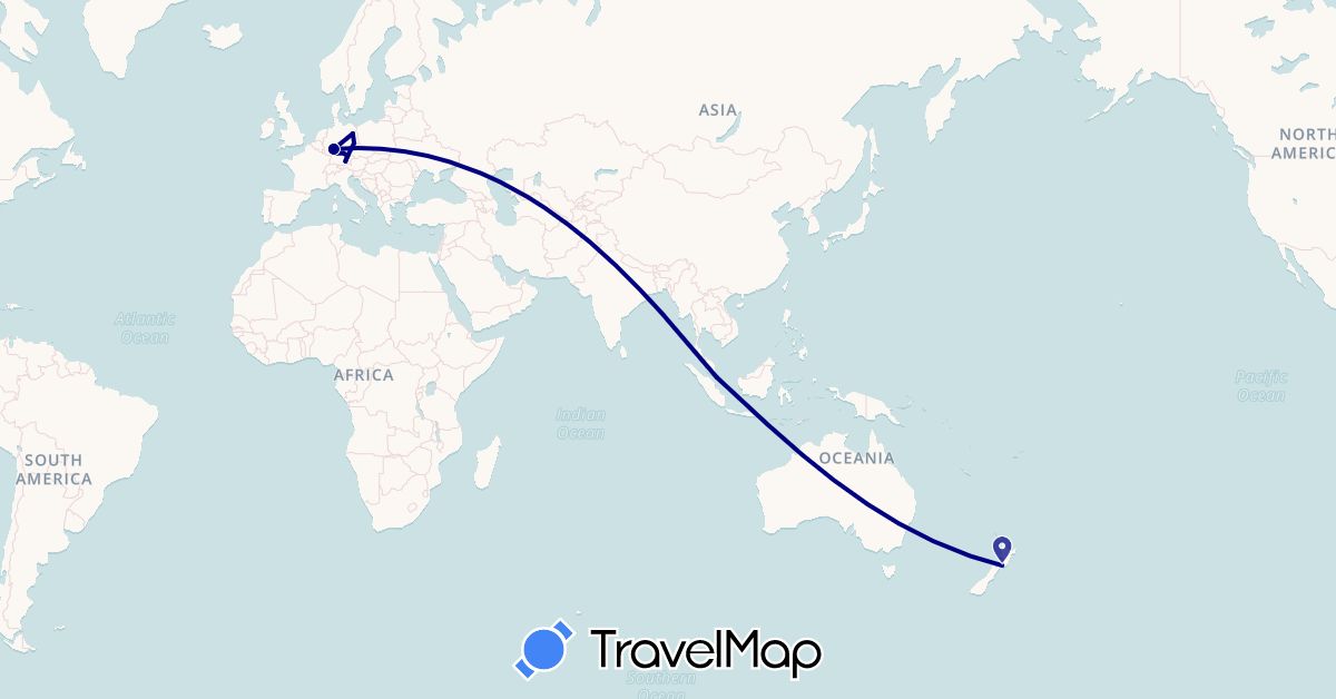 TravelMap itinerary: driving in Germany, New Zealand, Singapore (Asia, Europe, Oceania)
